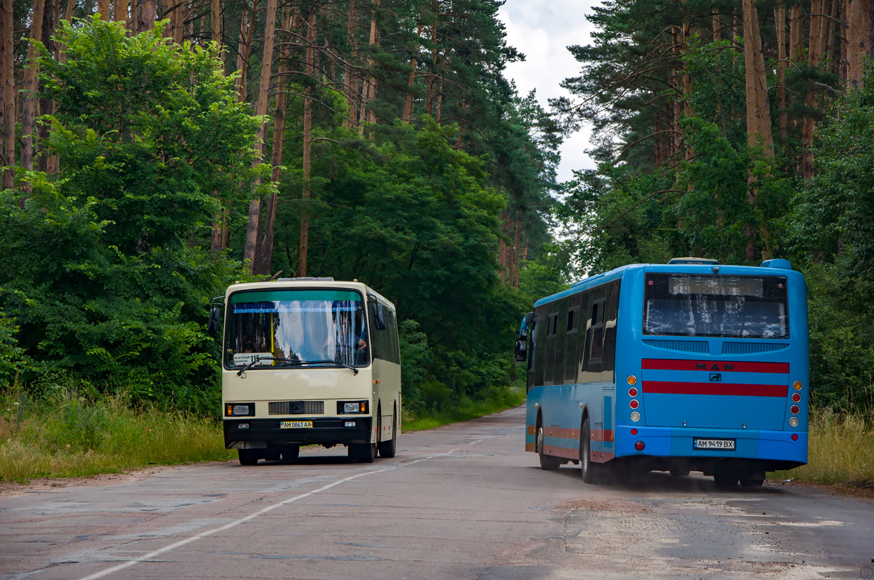 Житомирская область, ЛАЗ-4207JN "Лайнер-10" № AM 0863 AA; Житомирская область, King Long XMQ6121G № AM 9419 BX